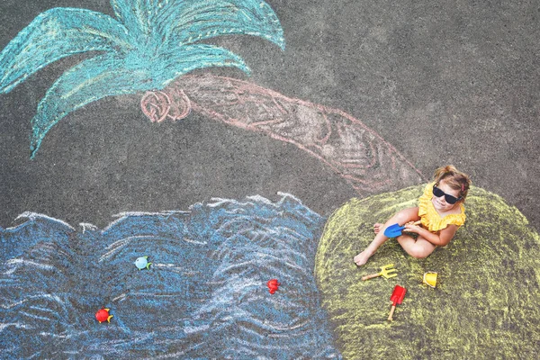 Happy Little Preschool Girl Swimsuit Inflatable Ring Sea Sand Palm —  Fotos de Stock