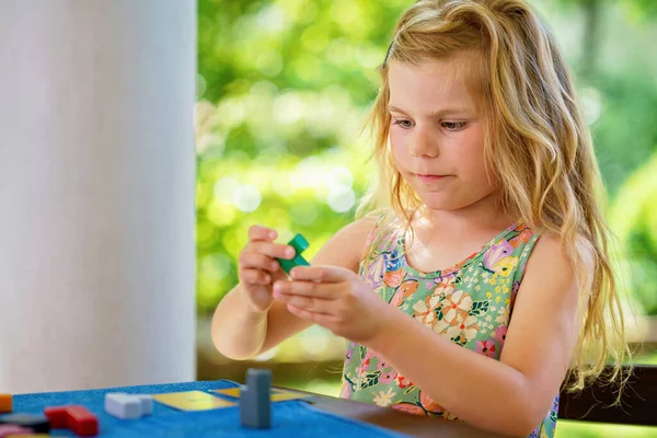 Little Preschool Girl Playing Board Game Colorful Bricks Happy Child — Foto Stock