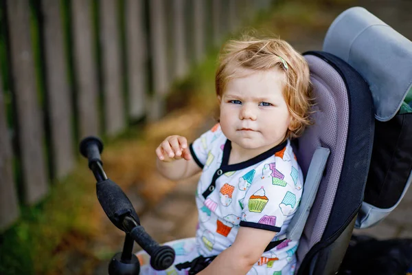 Cute Adorable Toddler Girl Sitting Pushing Bicyle Tricycle Little Baby — Stock Photo, Image
