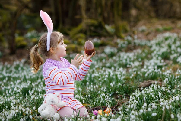 Little Girl Easter Bunny Ears Making Egg Hunt Spring Forest — Stock Photo, Image