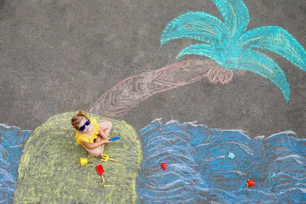 Happy Little Preschool Girl Swimsuit Inflatable Ring Sea Sand Palm — Fotografia de Stock