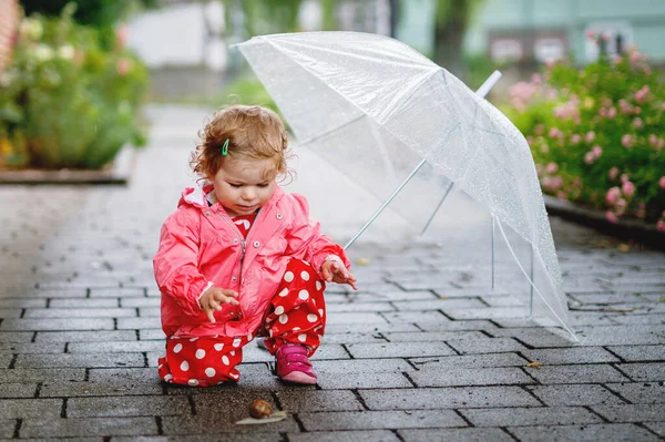 Niedlichen Entzückenden Baby Mädchen Entdeckt Schnecke Auf Einem Spaziergang Schöne — Stockfoto