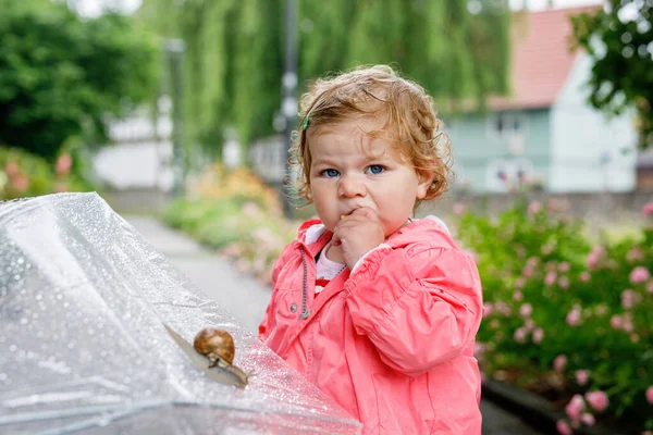 Roztomilý Rozkošný Baby Girl Objevování Šnek Procházku Krásná Kudrnatá Batole — Stock fotografie