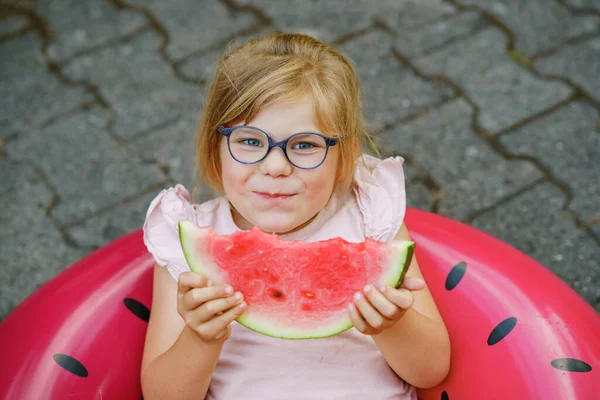 Cute Little Girl Glasses Eating Watermelon Inflatable Ring Summertime Happy — Stock Fotó