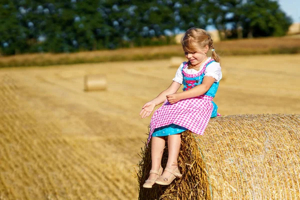 Cute Little Kid Girl Traditional Bavarian Costume Wheat Field Happy — Photo
