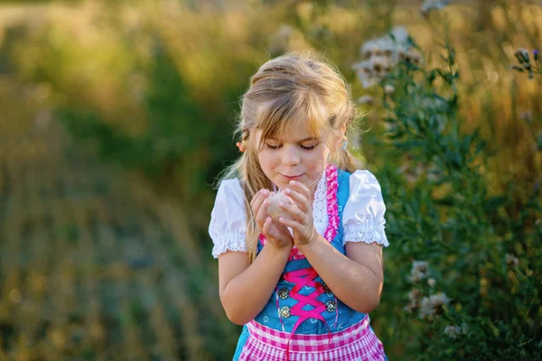 Cute Little Kid Girl Traditional Bavarian Costume Wheat Field Happy — Foto de Stock