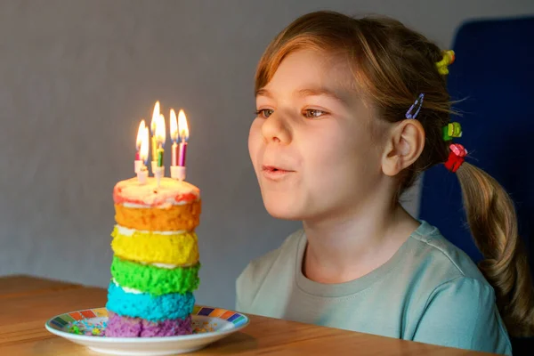 Happy Little Preschool Girl Celebrating Birthday Closeup Child Homemade Rainbow — Zdjęcie stockowe