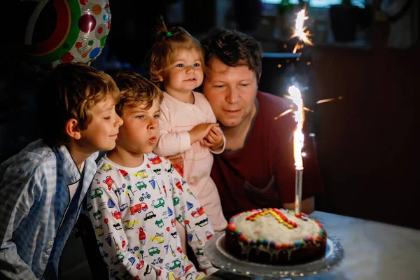 Adorable Happy Little Kid Boy Celebrating His Birthday Child Blowing —  Fotos de Stock