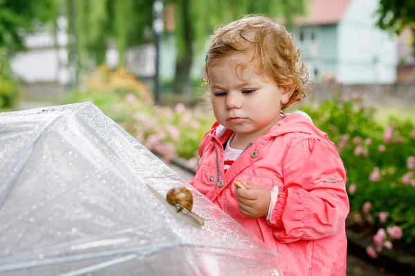 Cute Adorable Baby Girl Discovering Snail Walk Beautiful Curly Toddler — Stock Photo, Image