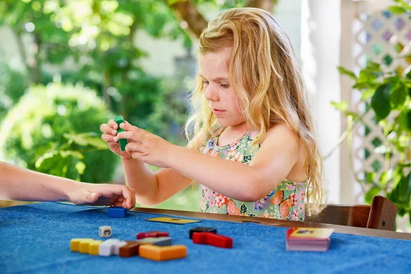 Little Preschool Girl Playing Board Game Colorful Bricks Happy Child — Stock Photo, Image