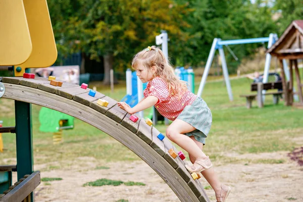 Little Girl Climbing Playground Summer Day Happy Brave Preschool Child — Stock Photo, Image