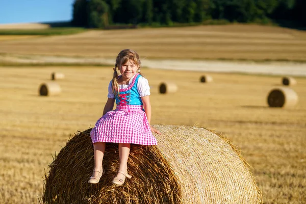 Cute Little Kid Girl Traditional Bavarian Costume Wheat Field Happy — Stock fotografie