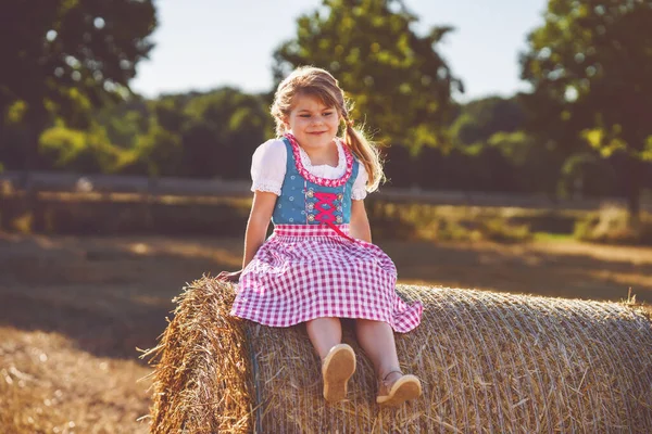 Cute Little Kid Girl Traditional Bavarian Costume Wheat Field Happy — Stock Photo, Image