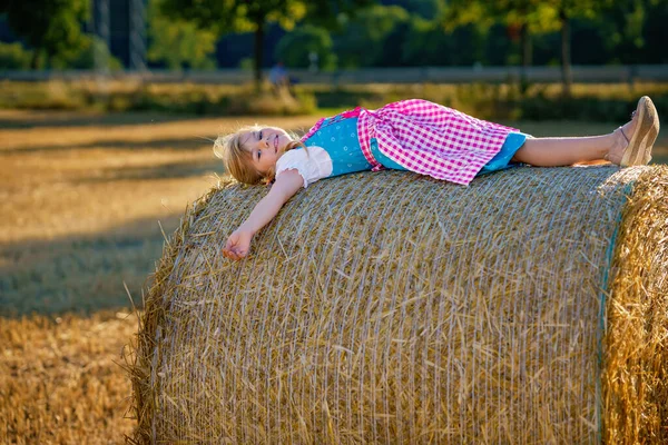 Cute Little Kid Girl Traditional Bavarian Costume Wheat Field Happy — ストック写真