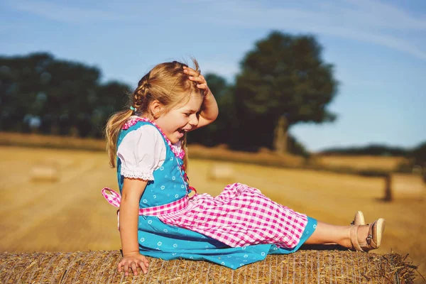 Cute Little Kid Girl Traditional Bavarian Costume Wheat Field Happy — Fotografia de Stock