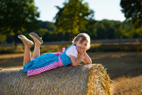 Cute Little Kid Girl Traditional Bavarian Costume Wheat Field Happy — 스톡 사진