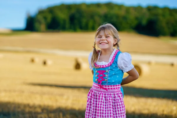 Cute Little Kid Girl Traditional Bavarian Costume Wheat Field Happy — Foto de Stock