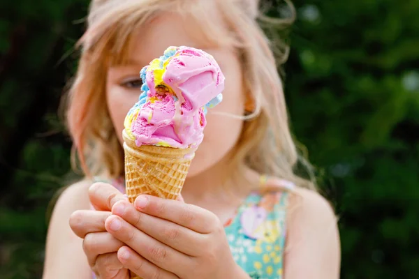 Happy Preschool Girl Eating Colorful Ice Cream Waffle Cone Sunny — Stock Photo, Image