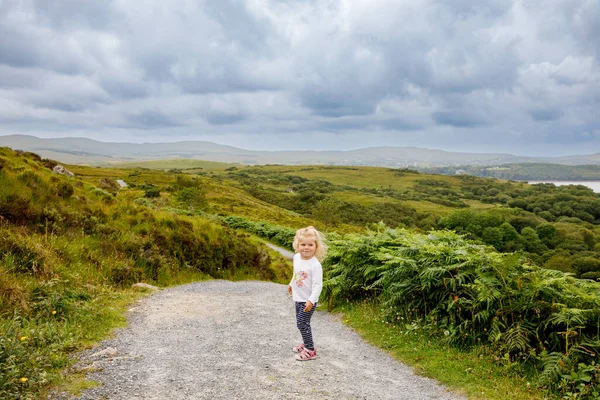 stock image Cute little happy toddler girl running on nature path in Connemara national park in Ireland. Smiling and laughing baby child having fun spending family vacations in nature. Traveling with small kids.