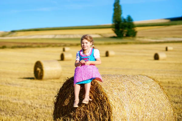 Cute Little Kid Girl Traditional Bavarian Costume Wheat Field Happy — Stockfoto