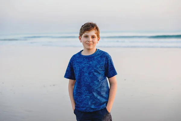 Happy Cheerful Teenager Standing Beach Sunset Happy Preteen Boy Smiling — Stock Photo, Image