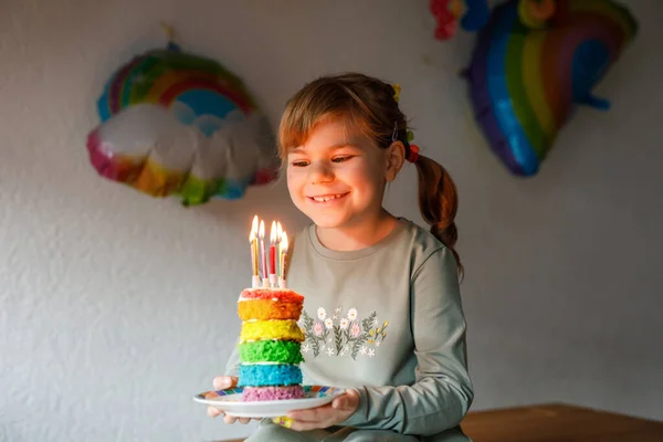 Happy Little Preschool Girl Celebrating Birthday Closeup Child Homemade Rainbow — Foto de Stock