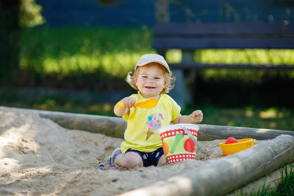 Happy Toddler Girl Playing Sand Outdoor Playground Baby Having Fun — Stock Photo, Image