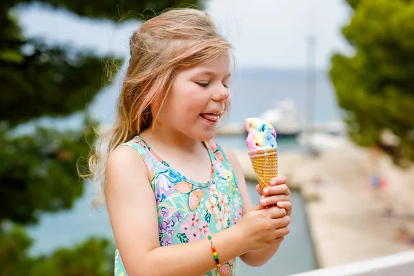 Happy Preschool Girl Eating Colorful Ice Cream Waffle Cone Sunny — Stock Photo, Image