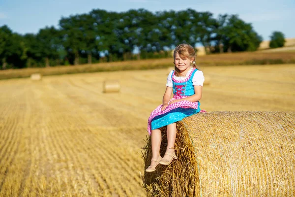 Cute Little Kid Girl Traditional Bavarian Costume Wheat Field Happy — Foto Stock