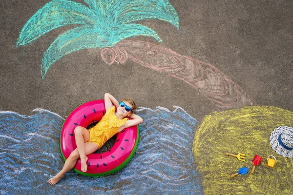 Happy Little Preschool Girl Swimsuit Inflatable Ring Sea Sand Palm — Stock Photo, Image