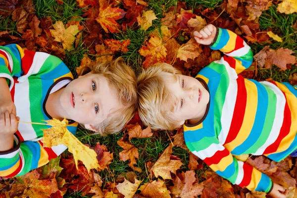 两个双胞胎小孩躺在秋天的树叶里 穿着五颜六色的时髦衣服 在温暖的日子里 快乐的兄弟姐妹们在秋天的公园里玩得开心 蓝眼睛 枫叶的健康儿童 — 图库照片