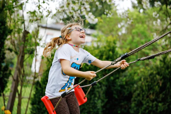 Happy Little Preschool Girl Glasses Having Fun Swing Domestic Garden — Stock Photo, Image