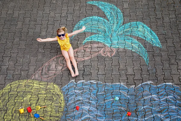 Happy Little Preschool Girl Swimsuit Inflatable Ring Sea Sand Palm —  Fotos de Stock