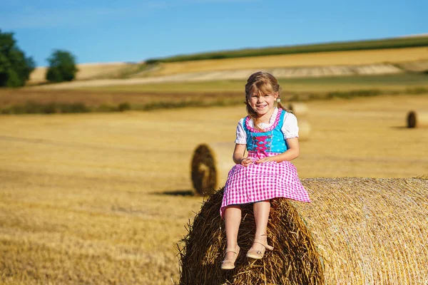 Cute Little Kid Girl Traditional Bavarian Costume Wheat Field Happy — Fotografia de Stock