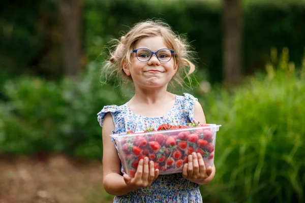 夏に有機ベリーファームからの健康イチゴと幸せな就学前の女の子は 晴れた日に箱を保持しています 笑顔の子供 新鮮な熟した赤い果実を持つ子供はイチゴを食べる — ストック写真