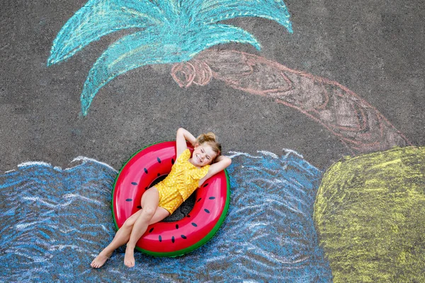 Happy Little Preschool Girl Swimsuit Inflatable Ring Sea Sand Palm — 图库照片