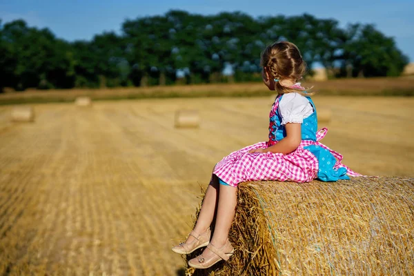 Cute Little Kid Girl Traditional Bavarian Costume Wheat Field Happy — Stock fotografie