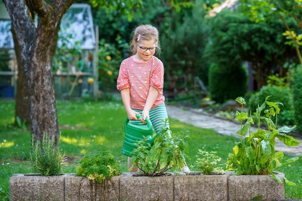Trädgårdsskötsel För Förskolebarn Liten Flicka Med Grön Vattenkanna Blommande Solig — Stockfoto