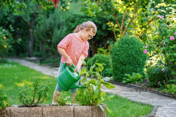 就学前の子供の園芸 緑の散水の小さな女の子は日当たりの良い庭を開花させることができます 子供たちは裏庭で助けます 夏の屋外の楽しみ 植物や花の世話をする子供 — ストック写真