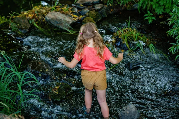 Happy Girl Obejmuje Radości Dzieciństwa Jak Odkrywa Summer Creek Zanurzając — Zdjęcie stockowe