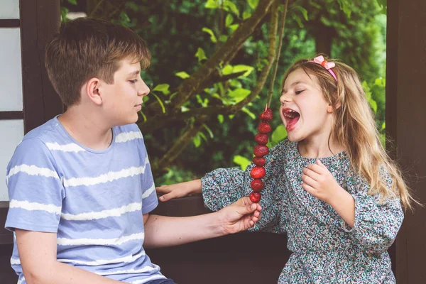 小さな女の子と10代の少年が串焼きにおいしいイチゴを共有し 家族や健康的な食べ物の簡単な楽しみを保存する喜びの瞬間 幸せな家族は新鮮な果実を食べる — ストック写真