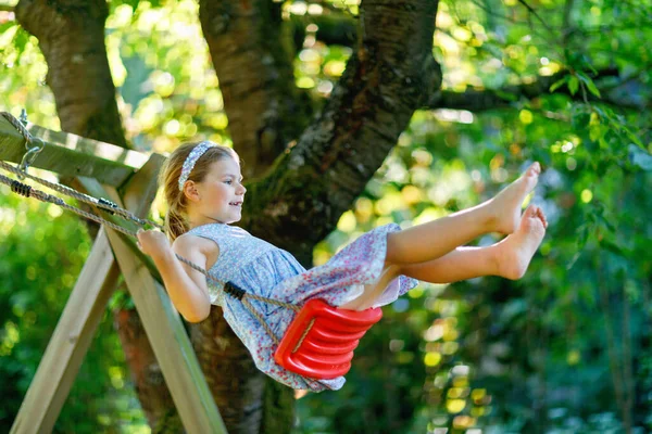 Happy Little Preschool Girl Having Fun Swing Domestic Garden Cute — Stock Photo, Image