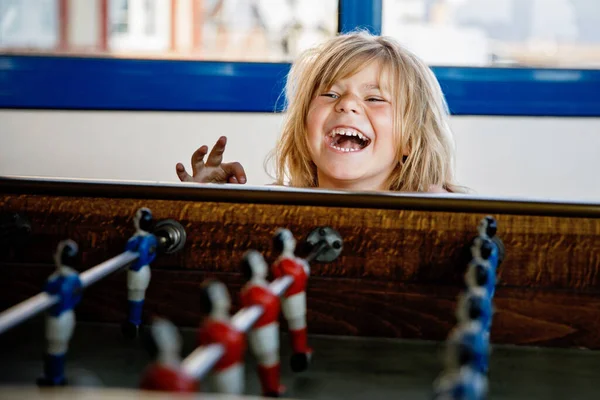 Little Preschool Girl Playing Table Soccer Happy Excited Positive Child — Stock Photo, Image