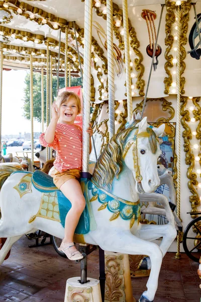 Happy Positive Preschool Girl Having Ride Old Vintage Merry City — Stock Photo, Image