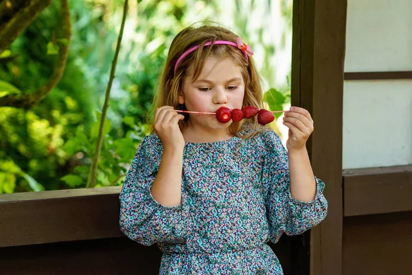 Little Girl Eating Delicious Strawberries Skewers Savoring Simple Pleasures Family — Stock Photo, Image