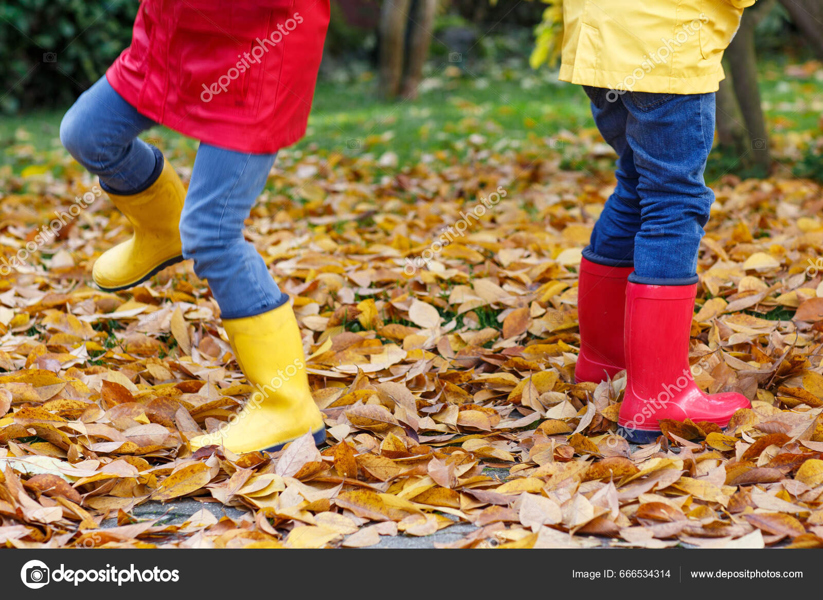 Två Små Barn Som Leker Röda Och Gula Gummistövlar Höst — Stockfotografi ©  romrodinka #666534314