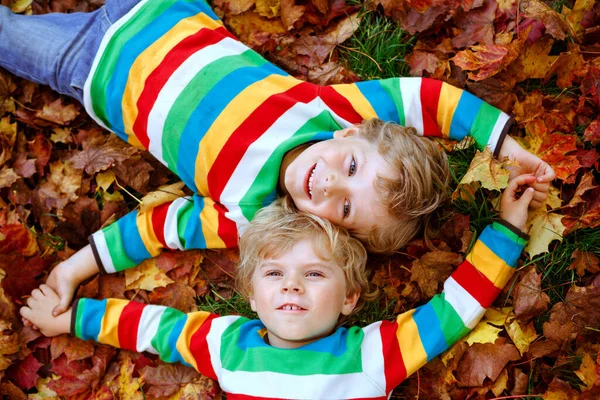 Two Little Twin Kids Boys Lying Autumn Leaves Colorful Fashion — Stock Photo, Image