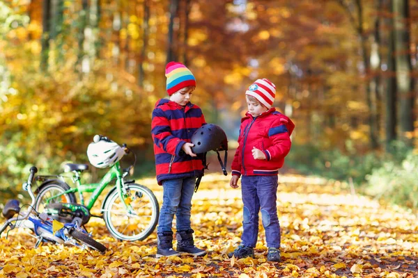 2人の小さな男の子 秋の森の中の親友 弟は若い子供が自然の中で晴れた秋の日にサイクリングする前に安全なヘルメットを置くのを助けます 安全性 スポーツ 子供の概念を持つレジャー — ストック写真