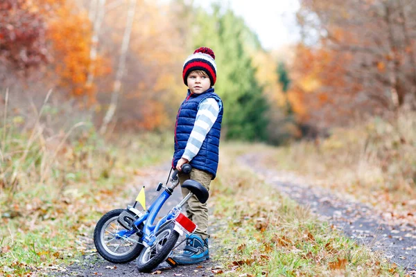 秋の森公園で自転車を運転カラフルな暖かい服の小さな子供の男の子 自然の中で晴れた秋の日にアクティブな子供のサイクリング 安全性 スポーツ 子供の概念を持つレジャー 子供のためのカジュアルファッション — ストック写真