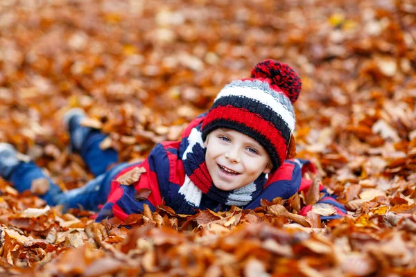 秋のかわいい男の子の肖像画はカラフルな服に背景を残します 寒い日に森や公園で楽しい時間を過ごしている面白い子供 帽子とスカーフで — ストック写真